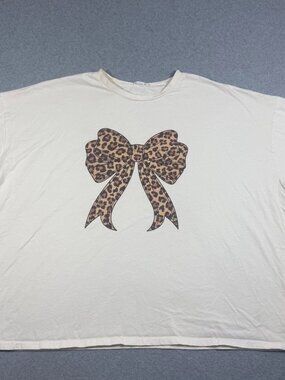 CHICSOUL Women’s 3XL Ivory Leopard Bow Graphic Oversized Cotton T-Shirt